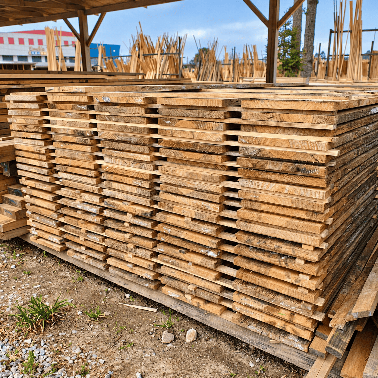 Tábuas de madeira para caixaria empilhadas em madeireira
