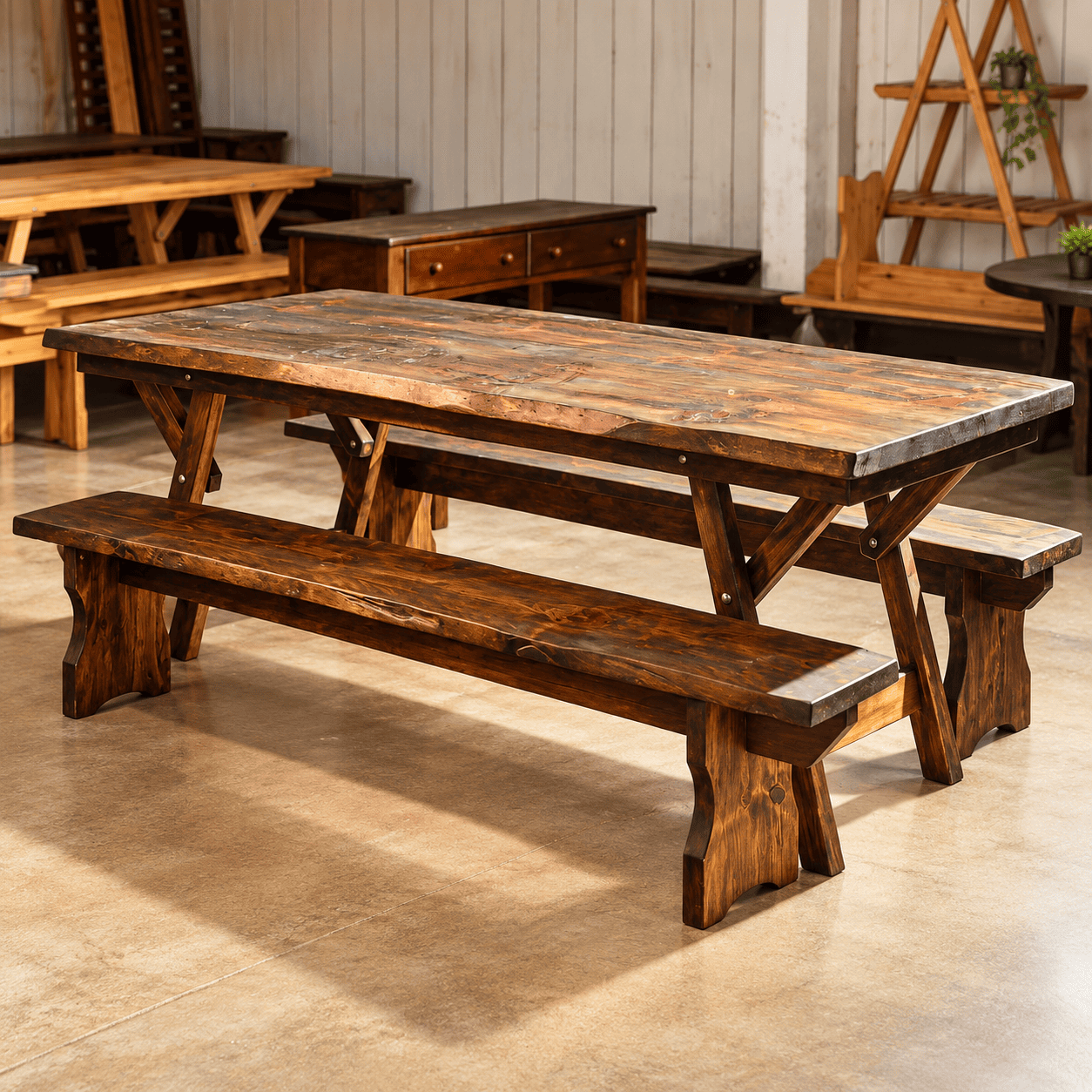 Mesa de madeira com bancos para área de churrasco